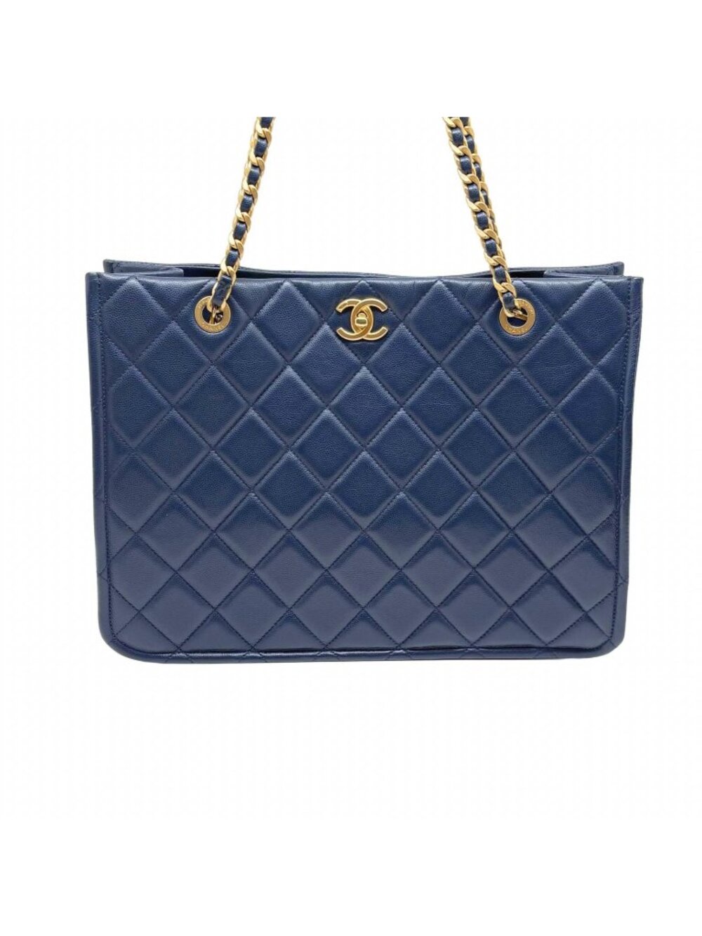 Chanel Quilted Chain Tote Navy Gold Shoulder Bag Caviar Leather